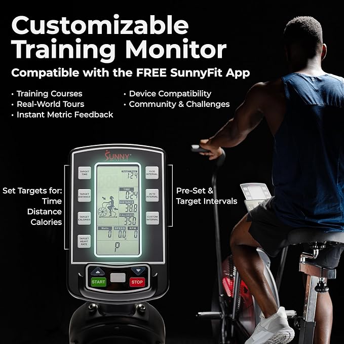 Sunny Health & Fitness Premium Smart Cross-Training Fan Bike, Air Resistance Cardio Machine w/330lb Capacity for Intensive Home Workout, Customizable Monitor w/Free SunnyFit App Connection-SF-B223018-FlexoryFit