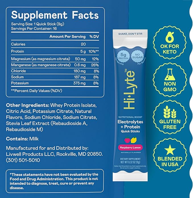 Hi-Lyte Nutritional Boost - Electrolytes + Protein Quick Sticks - Raspberry Lemon - Hydration + Whey Protein Powder Packets - 5g Protein, Electrolytes, No Sugar, Keto Friendly-FlexoryFit