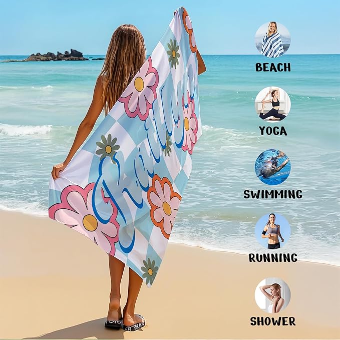 JML Personalized Beach Towel with Name, Custom Flower Beach Towel, Customized Microfiber Pool Towel, Quick Dry & Absorbent Swim Towel for Adult,Anniversary, Birthday, Summer Holiday,Vacation-FlexoryFit