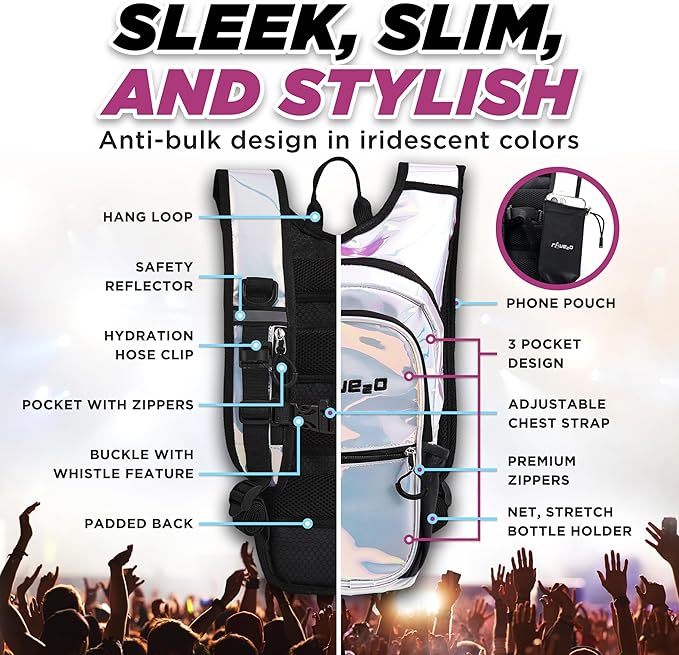 Rave Hydration Backpack โ Anti-Theft Festival Hydration Pack with 1.5L Leakproof TPU Bladder โ Slim, Insulated Water Pack with Secret Pockets & Breathable Back โ for Raves, Music Festivals, EDC