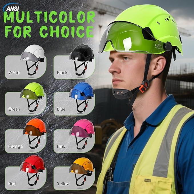 Aolamegs Construction Hard Hats for Adults - Hard Hats Construction OSHA Approved with Smoke Visor for Men Women ANSI Z89.1 Vented Safety Helmet, Hard Hat with Chin Strap,6 Point Suspension (Green