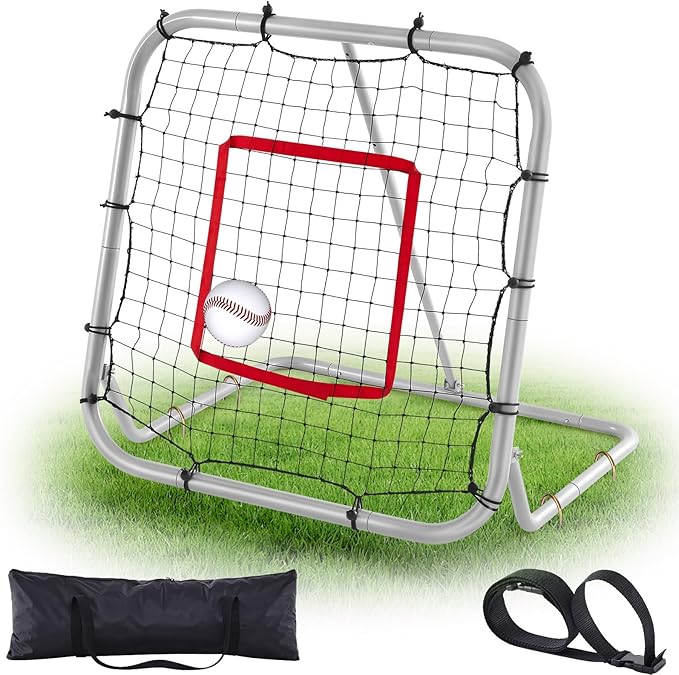 3' x 3'/1.67' x 1.67' Pro Portable Baseball and Softball Rebounder Adjustable Heavy Duty Pitch-Back Net with Bag Strap Fielding Trainer Net 3 Angles Ground Balls Line Drives Pop Flies-FlexoryFit