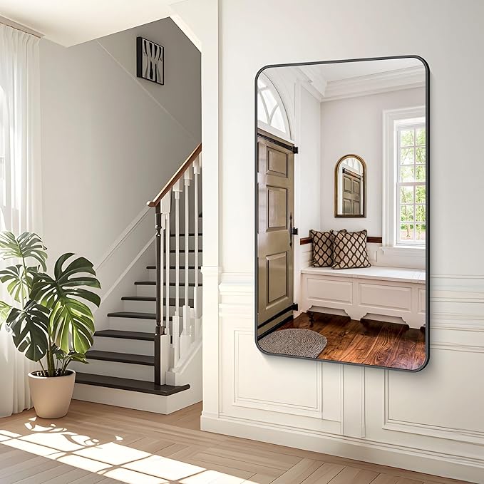 60x36 inch Large Bathroom Mirror,Black Rectangle Mirror,Wall Mounted Bathroom Frame Vanity Mirror with Round Corner for Bedroom Living Room, Entryway Hangs Horizontal or Vertical-FlexoryFit