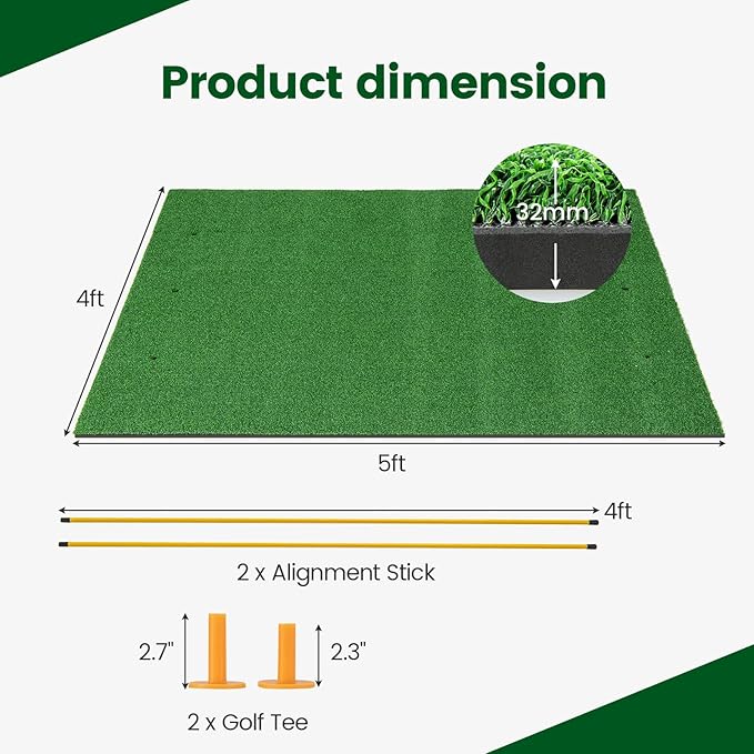 Tangkula Golf Hitting Mat, Artificial Turf Mat for Indoor/Outdoor Golf Practice Includes 2 Rubber Tees & 2 Alignment Sticks, Golf Training Mat for Home Backyard Garage