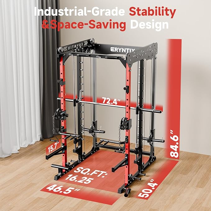 Smith Machine Power Rack | All-in-One Power Cage with Adjustable J-Hooks, Squat Rack for Home Gym, Cable Machine & Pull-Up Bar | Home and Garage Gym Equipment for Strength Training-FlexoryFit