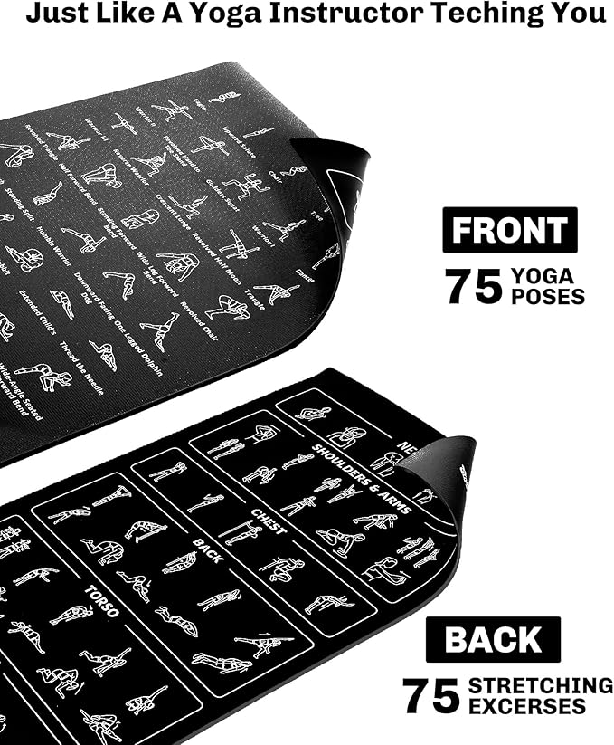 Instructional Travel Yoga Mat with 75 Poses & Exercises - Non-slip Exercise Mat for Home Workout, Includes Carrying Bag - Perfect for Beginners, 68"x24"x0.25"-FlexoryFit