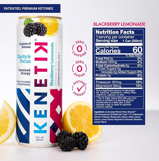 KENETIK Nootropic Ketone Drink, Ketones for Energy & Focus, Caffeine & Sugar Free, High Performance D-BHB Ketone Mix, Fuel w/Zero Crash or Jitters, Ready to Drink - Blackberry Lemonade 12 Pk-FlexoryFit
