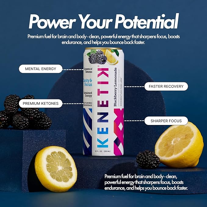 KENETIK Nootropic Ketone Drink, Ketones for Energy & Focus, Caffeine & Sugar Free, High Performance D-BHB Ketone Mix, Fuel w/Zero Crash or Jitters, Ready to Drink - Blackberry Lemonade 12 Pk-FlexoryFit