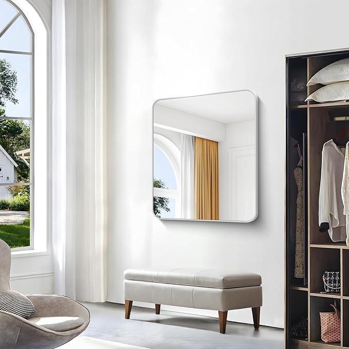 Silver Bathroom Mirror,30x36 inch Wall Mirror for Bathroom Wall Mounted,Rectangle Mirror for Bathroom Over Sink,Modern Frame Round Corner for Living Room,Bedroom Entryway,Horizontal/Vertical