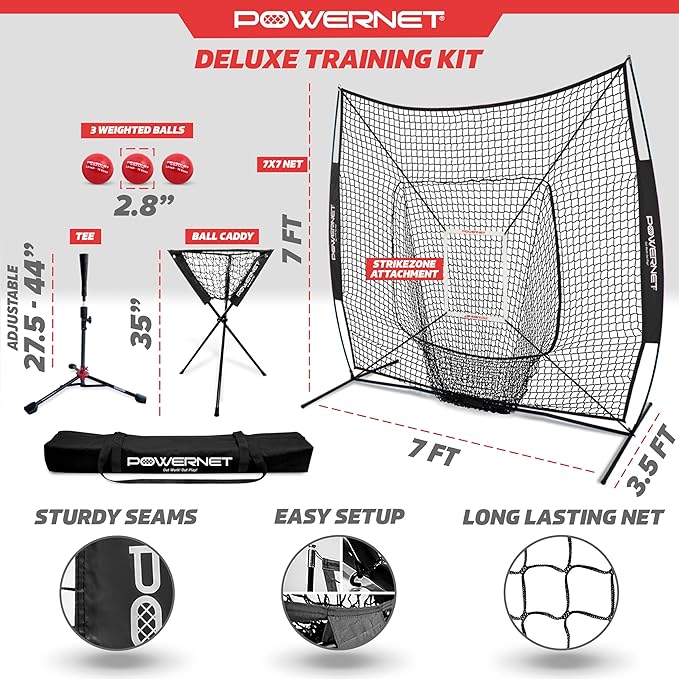 PowerNet Baseball Softball Practice Net 7x7 with Baseball Accessories for Practice Pitching, Batting & Fielding, Ball Caddy, Weighted Baseballs, Tee
