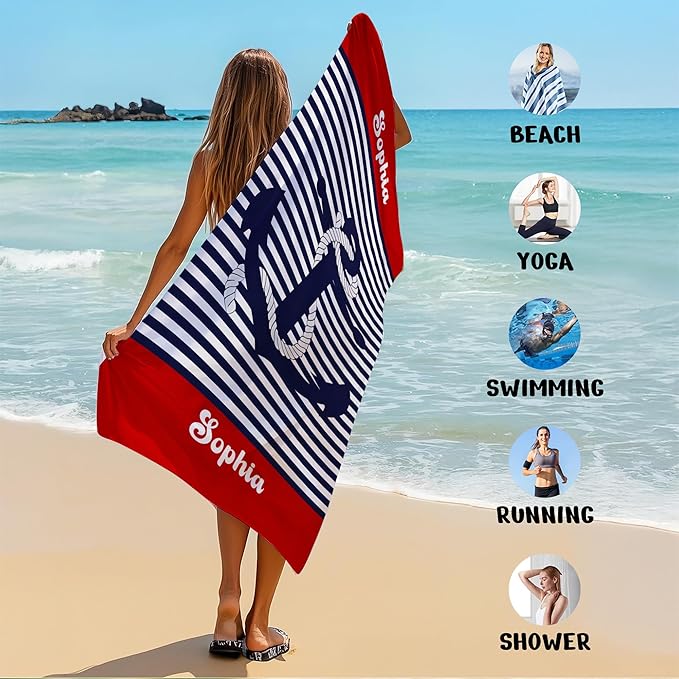 JML Personalized Beach Towel with Name, Custom Anchor Beach Towel, Customized Microfiber Pool Towel, Quick Dry & Absorbent Swim Towel for Adult,Anniversary, Birthday, Summer Holiday,Vacation-FlexoryFit