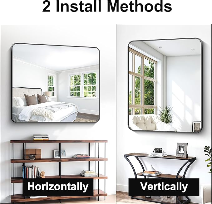 Black Bathroom Mirror,40x48 inch Wall Mirror for Bathroom Wall Mounted,Rectangle Mirror for Bathroom Over Sink,Modern Frame Round Corner for Living Room,Bedroom Entryway,Horizontal/Vertical-FlexoryFit