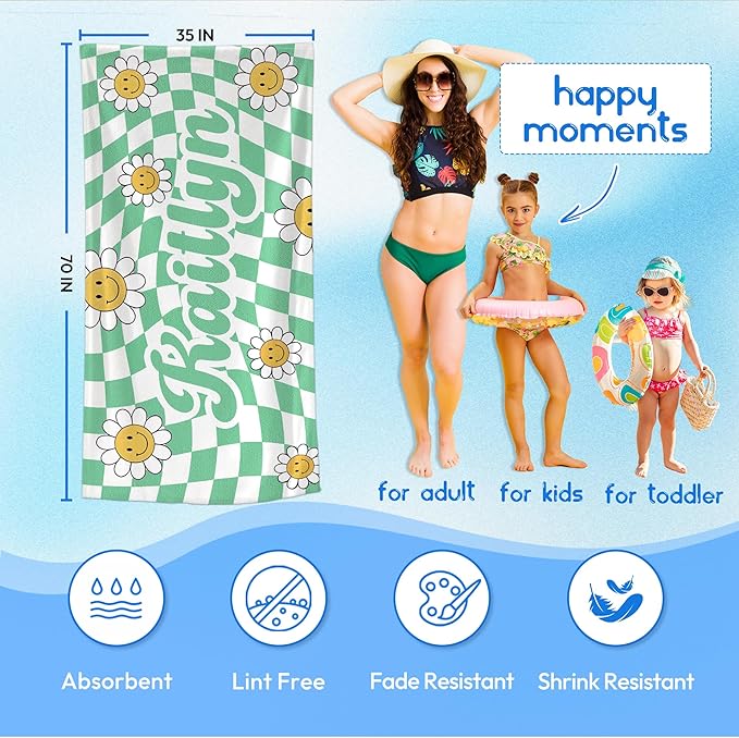 JML Personalized Beach Towel with Name, Custom Flower Beach Towel, Customized Microfiber Pool Towel, Quick Dry & Absorbent Swim Towel for Adult,Anniversary, Birthday, Summer Holiday,Vacation-FlexoryFit