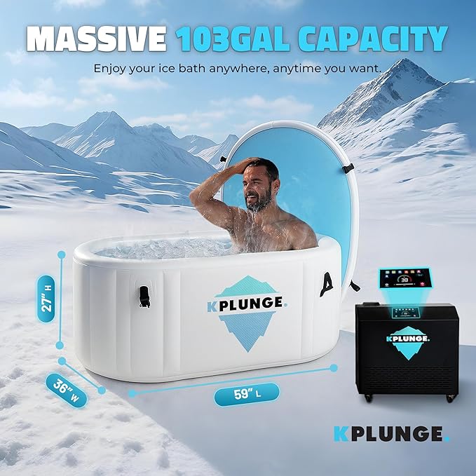 Kodiak 59" 1-Person Inflatable Cold Plunge Ice Bath or Hot Tub with 3/4 HP Chiller and Heater, PVC Insulated Lid, Hand Pump, Repair Kit, 110-Gallon Capacity, Indoor/Outdoor Tub β Gray