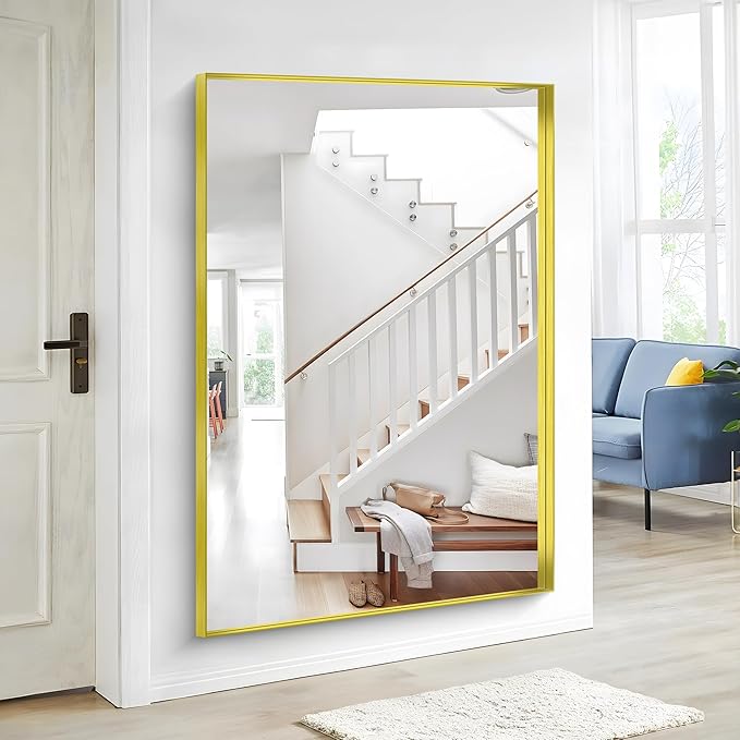 Gold Bathroom Mirror, 60x40 Inch Rectangular Framed Mirror, Large Wall Mounted Bathroom Vanity Mirror Over Sink for Bedroom,Restroom, Living Room, Hangs Vertically or Horizontally-FlexoryFit