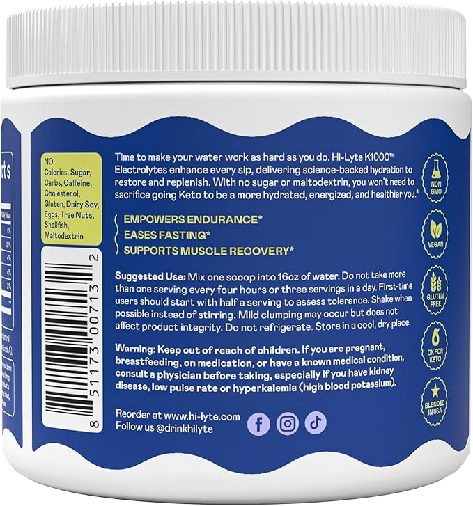 Hi-Lyte Keto & Performance - K1000 Electrolyte Powder Mix - Blue Raspberry - 1000mg Potassium + Magnesium, Calcium, Trace Minerals - Keto Drink for Cramp Support, Fasting, Recovery - No Sugar/Carbs-FlexoryFit