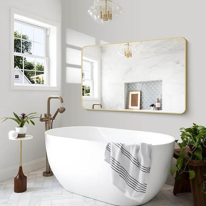 Gold Bathroom Mirror,55x36 inch Wall Mirror for Bathroom Wall Mounted,Round Rectangle Mirror for Bathroom Over Sink,Modern Frame for Home Decor Living Room,Bedroom Entryway,Horizontal/Vertical-FlexoryFit