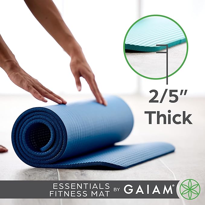 Gaiam Essentials Thick Yoga Mat Fitness & Exercise Mat with Easy-Cinch Yoga Mat Carrier Strap, 72"L x 24"W x 2/5 Inch Thick-FlexoryFit