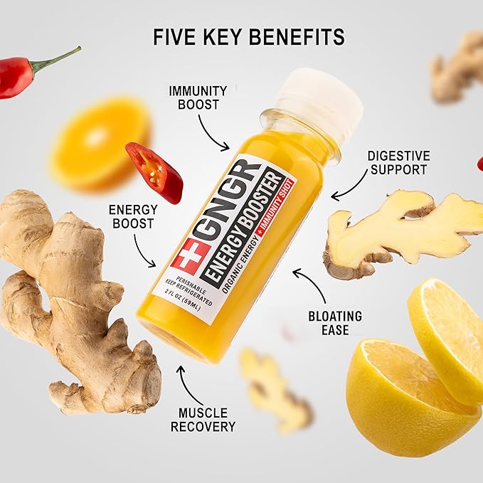 '+GNGR Energy Booster & Immunity Shot, Cold-Pressed Ginger Shots with Lions Mane, 75mg of Natural Caffeine Green Tea, Turmeric Root, Vitamin D & Zinc for All Natural Immune Support (2 Oz, Pack of 12)-FlexoryFit