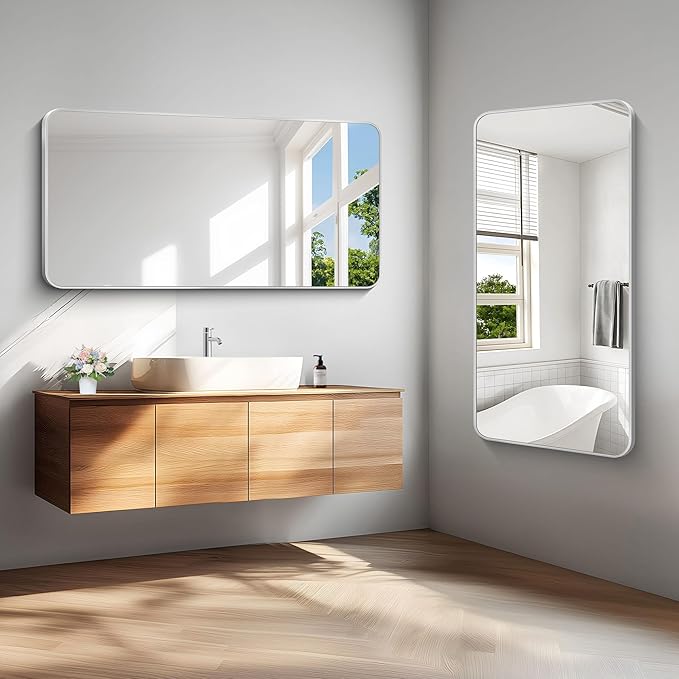 Silver Bathroom Mirror,24x48 inch Wall Mirror for Bathroom Wall Mounted,Rectangle Mirror for Bathroom Over Sink,Modern Frame Round Corner for Living Room,Bedroom Entryway,Horizontal/Vertical-FlexoryFit