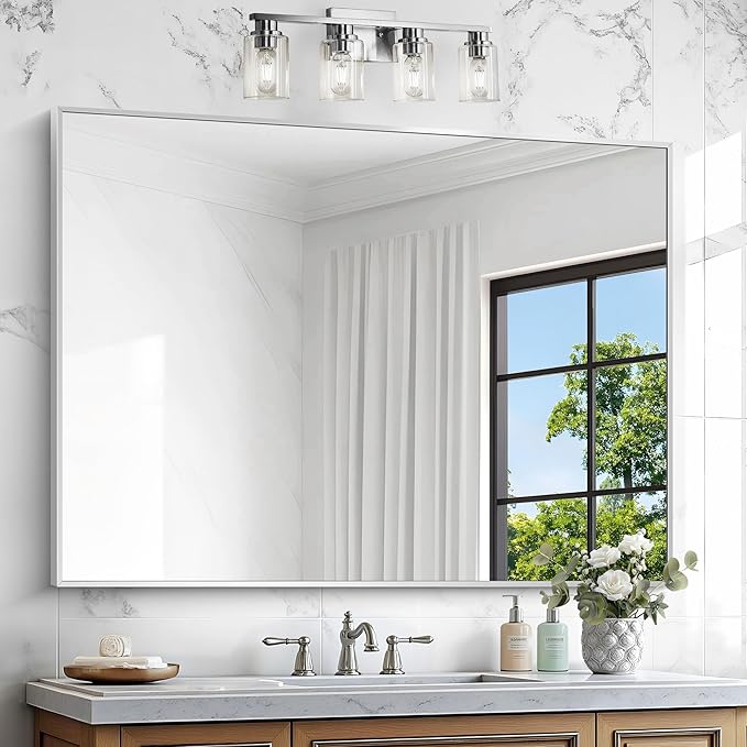 Silver Bathroom Mirror,36x48 inch Wall Mirror for Bathroom Wall Mounted,Large Rectangle Mirror for Bathroom Over Sink,Modern Metal Frame for Living Room,Bedroom Entryway,Horizontal/Vertical