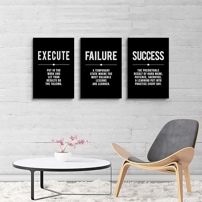 Framed Canvas Wall Art Success Quote, Office Wall Art, Black Large Poster, Positive Motivational Set of 3 Prints, Execute Failure Definition, Inspirational Print (A-3pcs,16x24inchx3pcs)-FlexoryFit