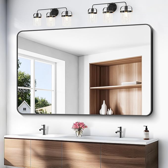 Black Bathroom Mirror,60x40 inch Wall Mirror for Bathroom Wall Mounted,Rectangle Mirror for Bathroom Over Sink,Modern Frame Round Corner for Living Room,Bedroom Entryway,Horizontal/Vertical-FlexoryFit