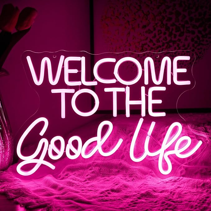 Welcome To The Good Life Neon Sign Letter LED Neon Lights Dimmable USB Powered 16.5’’X11’’Cool Wall Decorative Light Bedroom Kids Room Birthday Party Bar Decoration Gifts for Friend(Pink)
