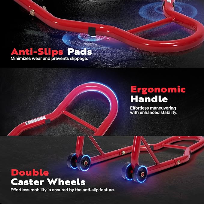 SPECSTAR Motorcycle Stand, 441 Lbs Capacity Rear Wheel Lift with U+L Adjustable Swingarm Spool, Heavy Duty Paddock Stand for BMW Suzuki Yamaha Honda Kawasaki, Red