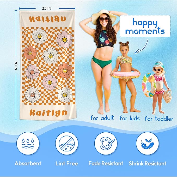 JML Personalized Beach Towel with Name, Custom Flower Beach Towel, Customized Microfiber Pool Towel, Quick Dry & Absorbent Swim Towel for Adult,Anniversary, Birthday, Summer Holiday,Vacation-FlexoryFit