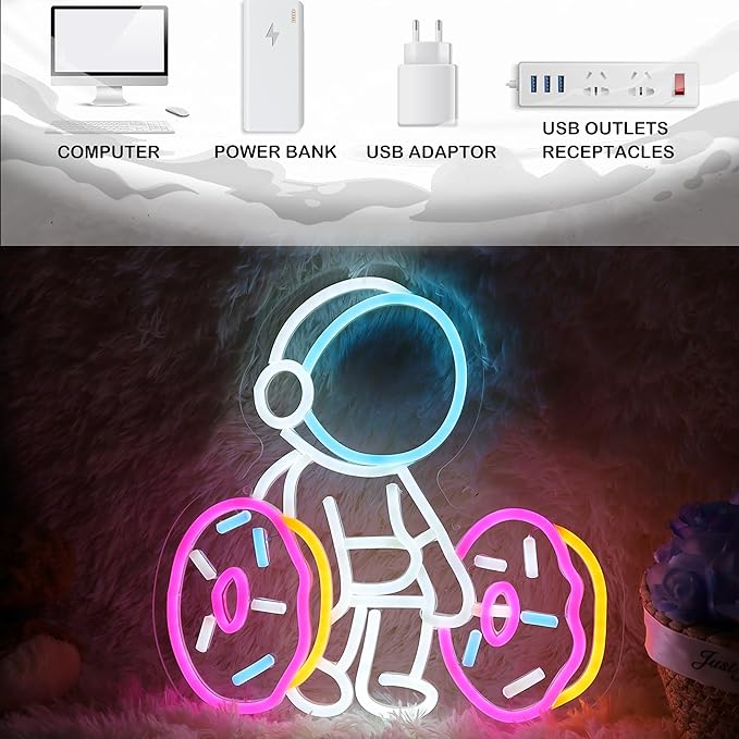 Astronaut Lifting Donut Neon Sign Astronaut Donut Neon Light Astronaut Light Sign Dimmable Bakery LED Neon Light for Club Decor Man Cave Game Room Bar Pub 12.5"×12.7"-FlexoryFit