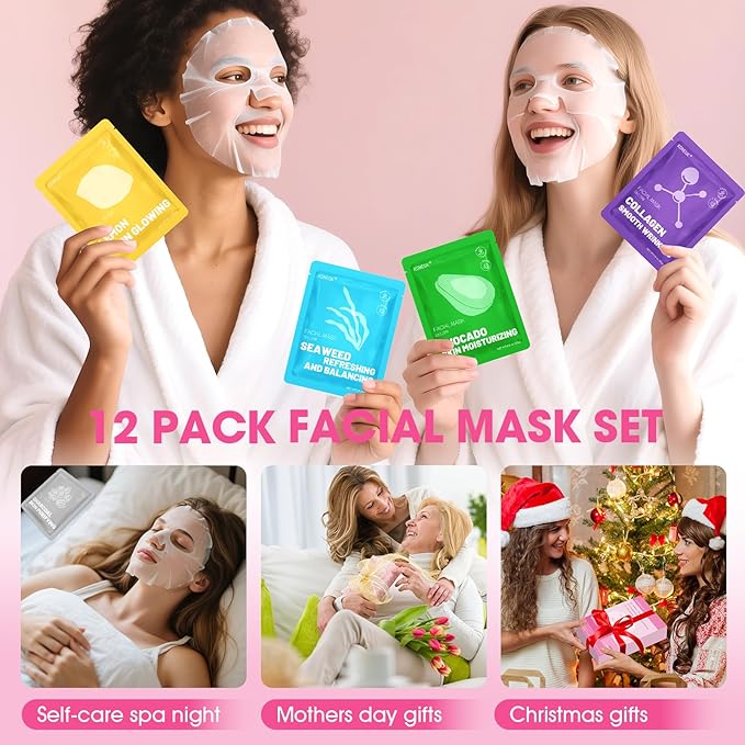 12 Pack Collagen Hydrating Face Masks Skincare, Sheet Face Mask for All Skin Types, Facial Masks Set for Women Skin Care, Face Mask Bulk Spa Gifts for Women-FlexoryFit