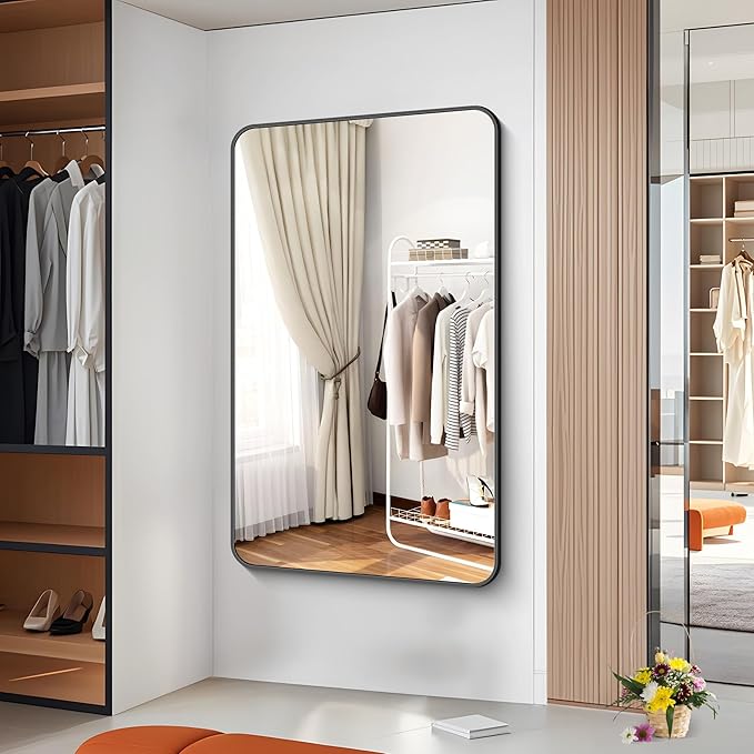 60x36 inch Large Bathroom Mirror,Black Rectangle Mirror,Wall Mounted Bathroom Frame Vanity Mirror with Round Corner for Bedroom Living Room, Entryway Hangs Horizontal or Vertical-FlexoryFit