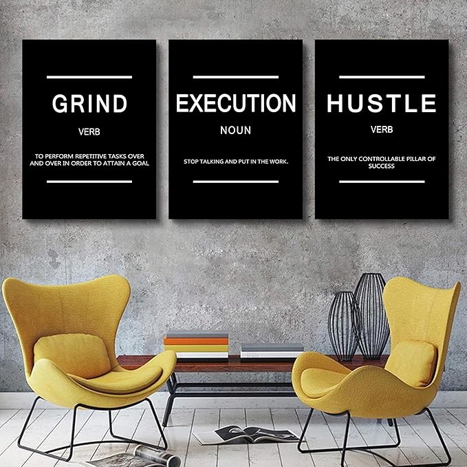 Framed Canvas Wall Art Success Quote, Office Wall Art, Black Large Poster, Positive Motivational Set of 3 Prints, Execute Failure Definition, Inspirational Print (B-3pcs,24x36inchx3pcs)-FlexoryFit