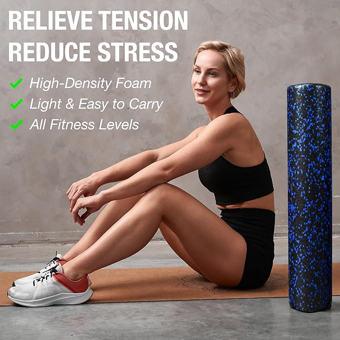 High-Density Round Foam Roller for Muscle Soreness Recovery, Exercise, Massage - 18", 24", 36" Blue Fleck (36 Inch)-FlexoryFit