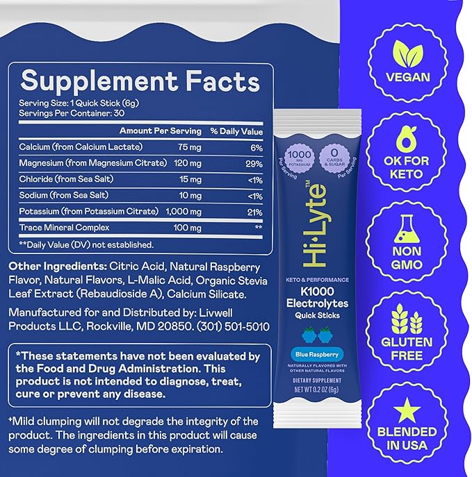 Hi-Lyte Keto & Performance - K1000 Electrolyte Quick Sticks - Blue Raspberry - 1000mg Potassium, Magnesium, Calcium - Single-Serve Packets for Keto Hydration Support - No Sugar, No Carbs-FlexoryFit