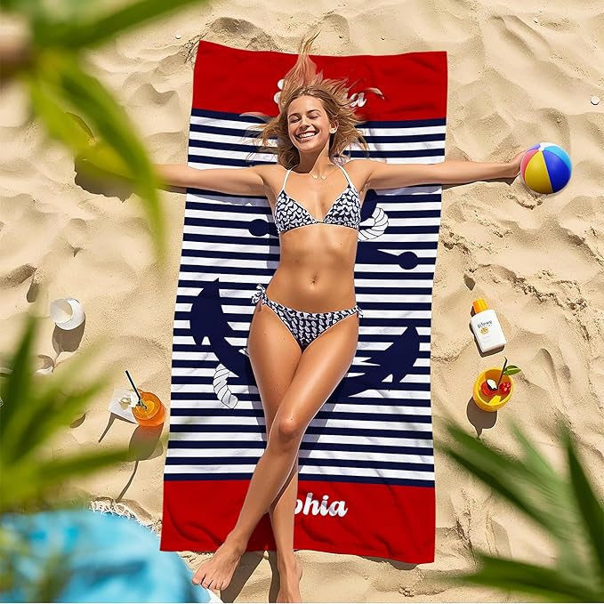 JML Personalized Beach Towel with Name, Custom Anchor Beach Towel, Customized Microfiber Pool Towel, Quick Dry & Absorbent Swim Towel for Adult,Anniversary, Birthday, Summer Holiday,Vacation-FlexoryFit