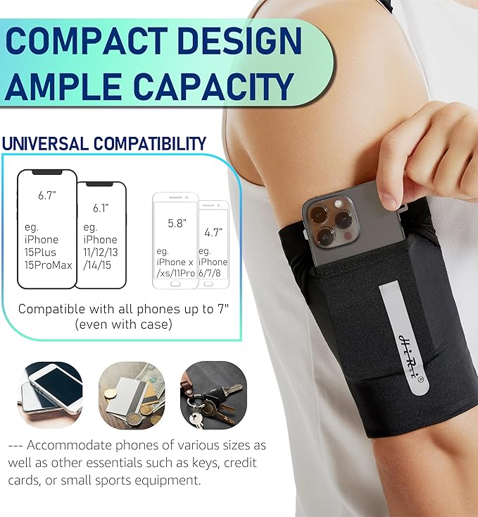 HiRui Running Armband Sleeve Universal Sports Armband Cell Phone Holder Armband for Exercise Workout, Compatible with iPhone 16/15/14/13/Plus/Pro Samsung Galaxy All Phones (L, Black)