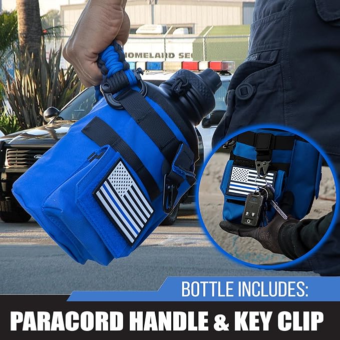 Iron Infidel Battle Bottle - Half Gallon Insulated Water Bottle with Paracord Handle, Large 64 oz Stainless Steel Water Jug with Rugged, Removable Sleeve for Keys, Wallet & Phone (Blue Line 2 Liter)-FlexoryFit