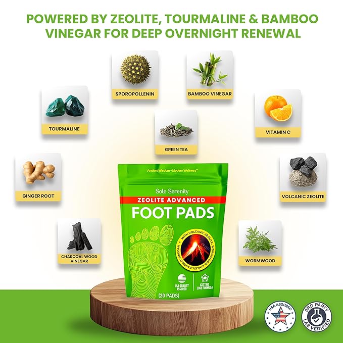 Sole Serenity Foot Pads - Zeolite Mineral, Ginger Root, Wormwood, Bamboo Vinegar, Foot Spa for Achy Feet - 20 Pads