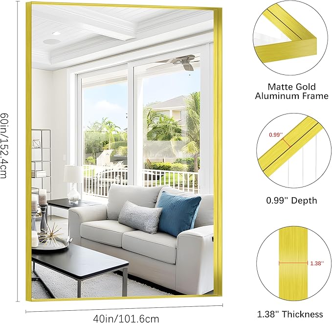Gold Bathroom Mirror, 60x40 Inch Rectangular Framed Mirror, Large Wall Mounted Bathroom Vanity Mirror Over Sink for Bedroom,Restroom, Living Room, Hangs Vertically or Horizontally-FlexoryFit