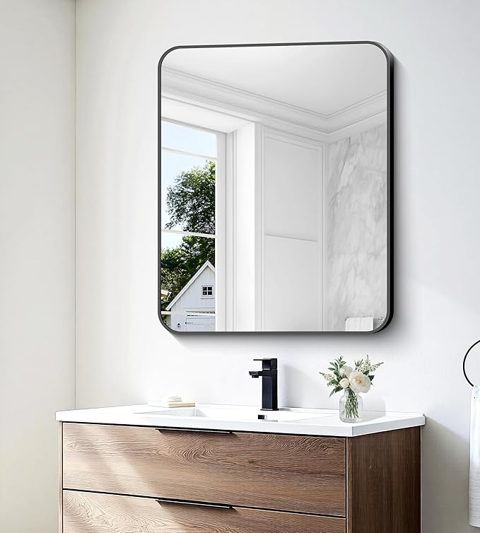 30x36 inch Bathroom Mirror,Black Rectangle Mirror,Wall Mounted Bathroom Frame Vanity Mirror with Round Corner for Bedroom Living Room, Entryway Hangs Horizontal or Vertical-FlexoryFit