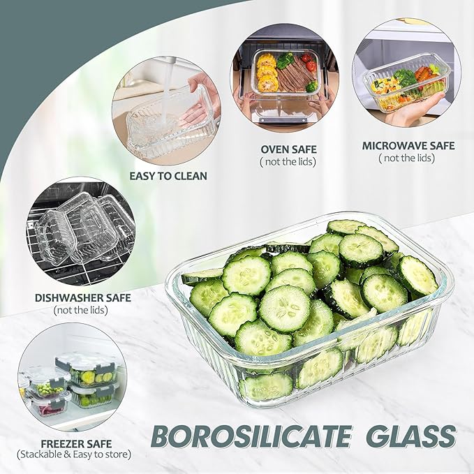 10 Packs Glass Meal Prep Containers with Lids, Glass Food Storage Containers Set, Airtight Lunch Containers, Microwave, Oven, Freezer and Dishwasher Safe, Gray-FlexoryFit