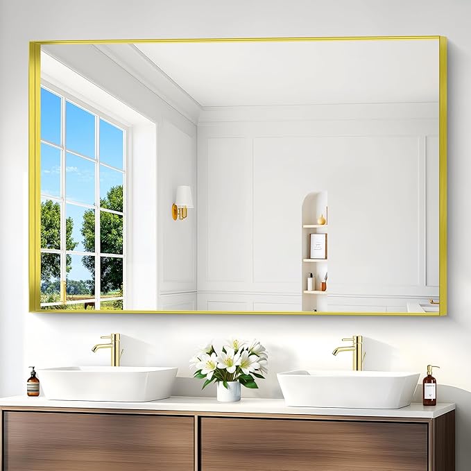 Gold Bathroom Mirror, 60x40 Inch Rectangular Framed Mirror, Large Wall Mounted Bathroom Vanity Mirror Over Sink for Bedroom,Restroom, Living Room, Hangs Vertically or Horizontally-FlexoryFit