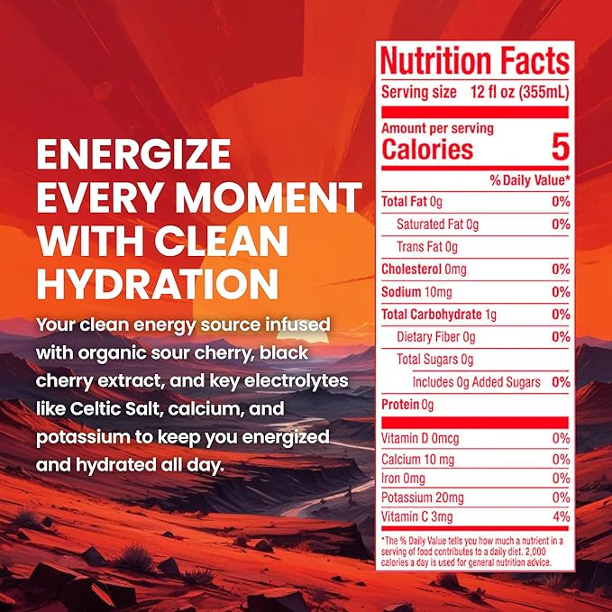 JUNO ENERGY Organic Cherry Sparkling Drink - Sugar Free Electrolytes, Energizing and Hydrating with 125mg Organic Caffeine from Green Coffee Beans, Organic Monk Fruit, Organic Sour and Black Cherry Juice & Electrolytes - Vegan, Gluten Free, 12 Pack-FlexoryFit