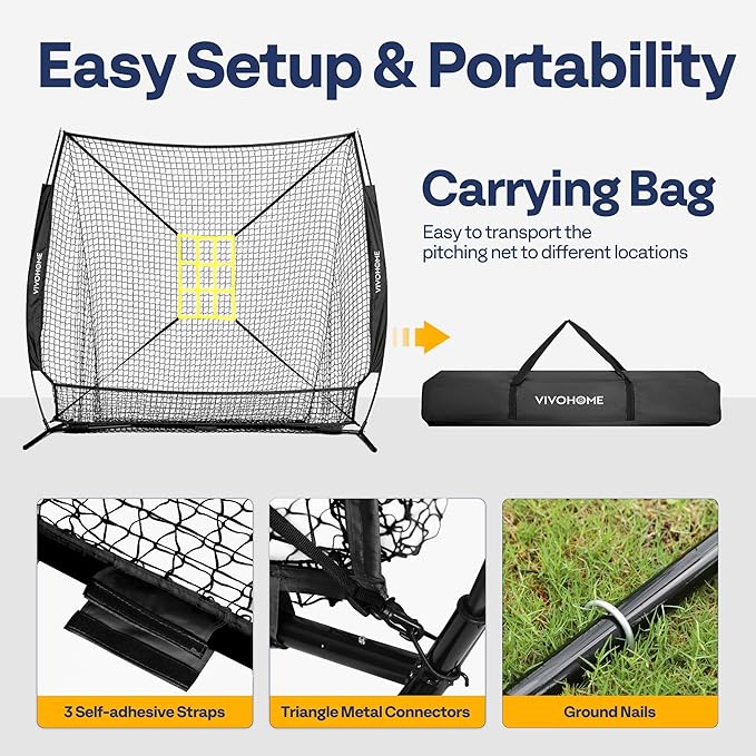 VIVOHOME Baseball Softball Hitting Net with Large Ball Collection System, 7 x 7 ft Baseball Batting Pitching Net with Tee, 2 Strike Zone, Carry Bag