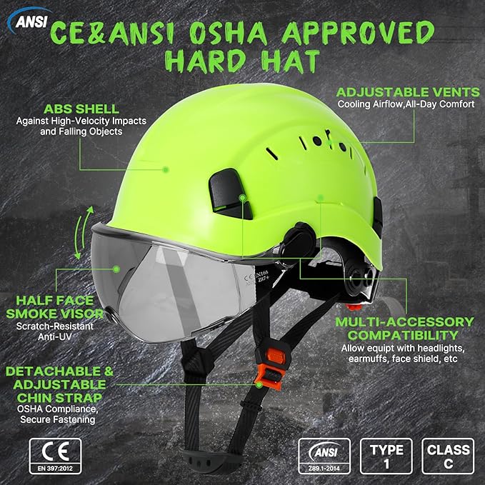 Aolamegs Construction Hard Hats for Adults - Hard Hats Construction OSHA Approved with Smoke Visor for Men Women ANSI Z89.1 Vented Safety Helmet, Hard Hat with Chin Strap,6 Point Suspension (Green
