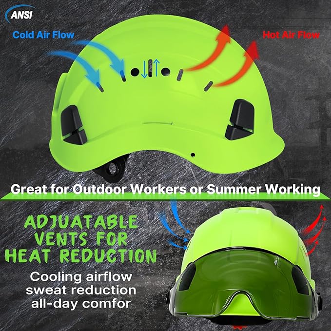 Aolamegs Construction Hard Hats for Adults - Hard Hats Construction OSHA Approved with Smoke Visor for Men Women ANSI Z89.1 Vented Safety Helmet, Hard Hat with Chin Strap,6 Point Suspension (Green