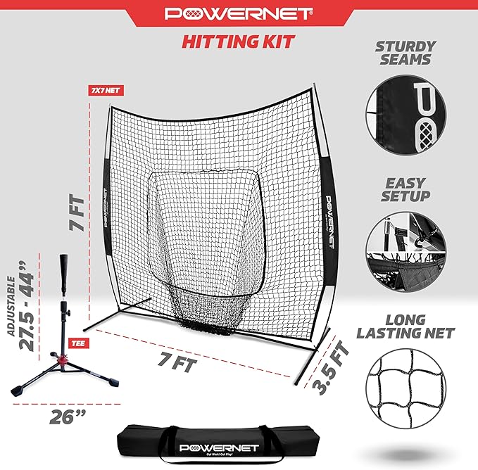 PowerNet Baseball Softball Practice Net 7x7 with Baseball Accessories for Practice Pitching, Batting & Fielding, Ball Caddy, Weighted Baseballs, Tee