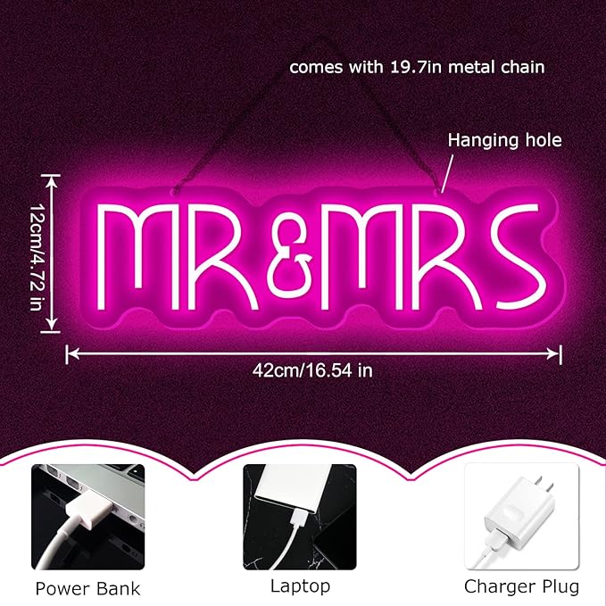 Mr&Mrs Neon Sign 1-10 Levels Dimmable USB Neon Lights for Wall Bedroom Dorm Wedding Party bar Decoration Bedroom Neon Signs for Wall Decoration Valentine's Day Gift 5V (Pink)-FlexoryFit